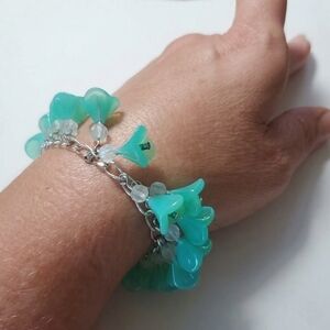 Charm Bracelet 6.5" Handmade Mint Phosphorus Green Flower Czech Press Glass Bead